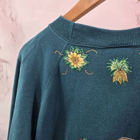 Vintage Sweatshirt Womens Large Green Cow Pig Chickens Farm Upcycled - Picture 6 of 12